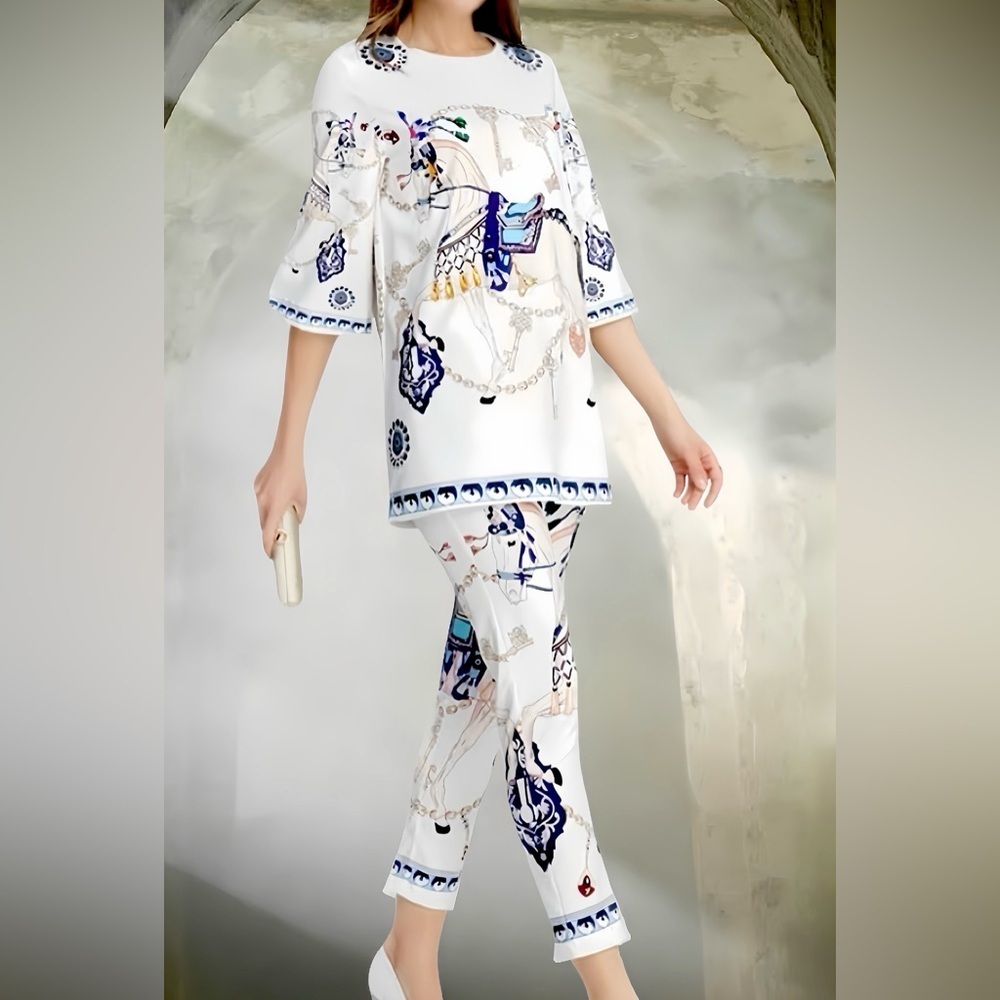 British Pearl Royal Horse Embellished Oversized Blouse & Skinny Pants Suit Set.